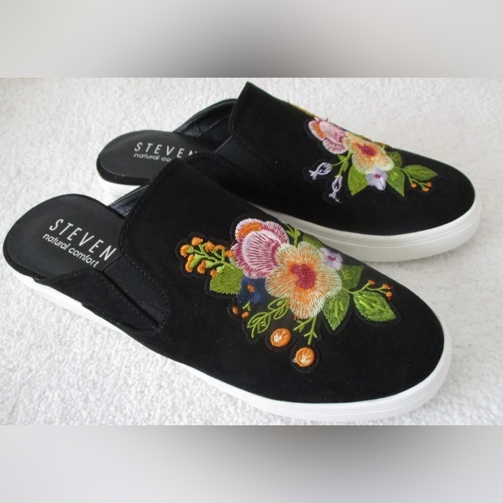Steve Madden NATURAL COMFORT BLACK FLORAL EMBROIDERED SHOES SIZE 6W NWOT 🍂​ - Picture 10 of 11